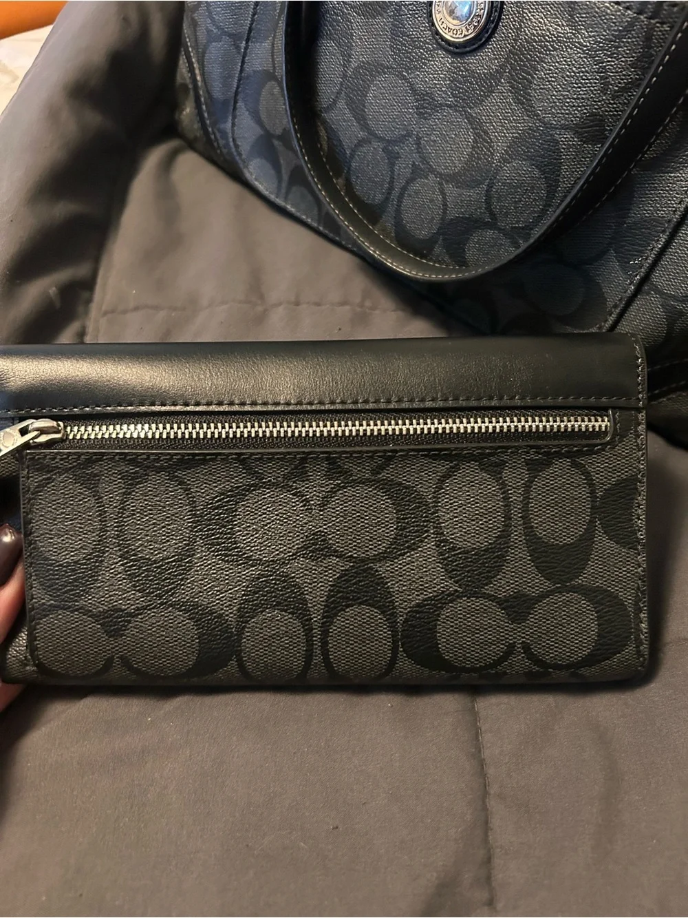 COACH Black Signature Canvas Peyton Pocket Tote w/ matching wallet